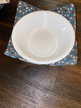 Load image into Gallery viewer, Blue Grey Flower/ Grey Polka Dot Small (10oz) Bowl Cozy
